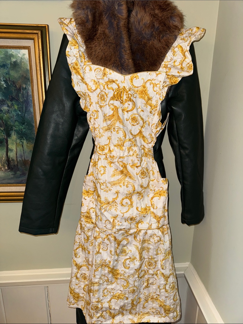 Vintage Christian Dior White Gold Paisley Apron Midi Dress Yellow Ruffle Trim